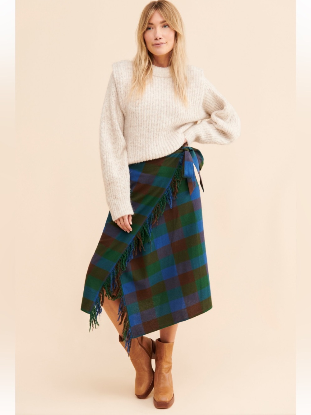 Anthropologie Mare Mare Fringed Wool Plaid Tie Waist Wrap Green Midi Skirt M - Picture 2 of 9